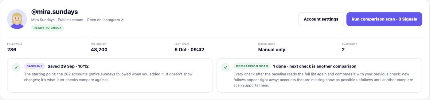 Account header in the Follist dashboard with baseline and comparison scan status